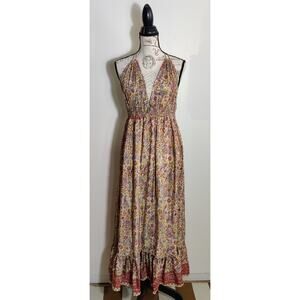 Zury Silk Blend Floral Paisley Open Back Halter Tiered Maxi Dress Free Size Boho